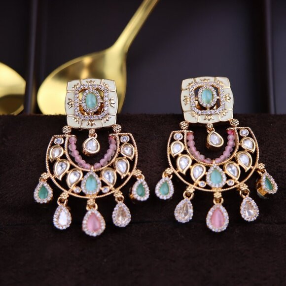 Pastel Elegance Kundan Chandbali Brass Earrings JP04